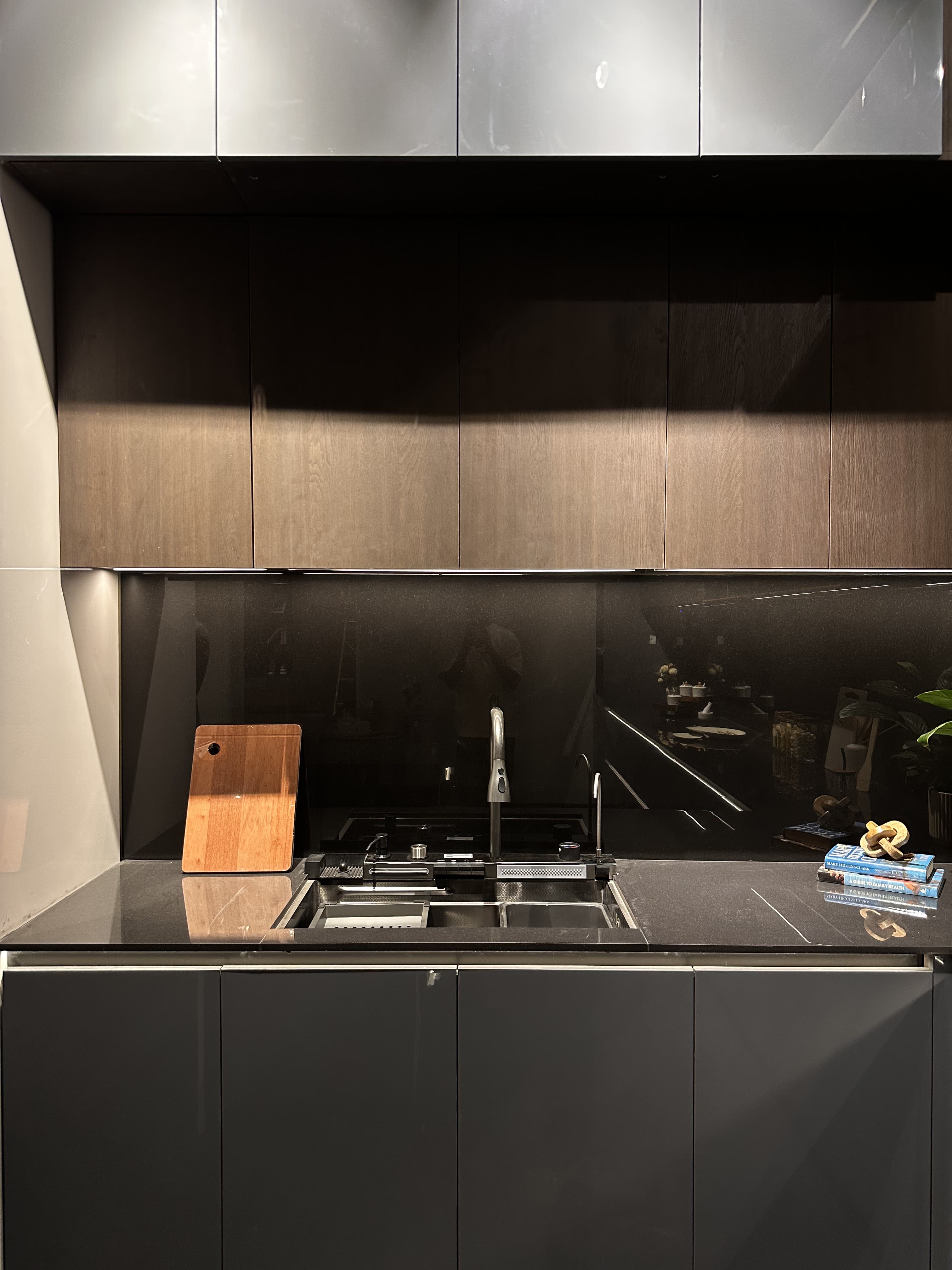 Cooking zone with dark worktop and cabinetry