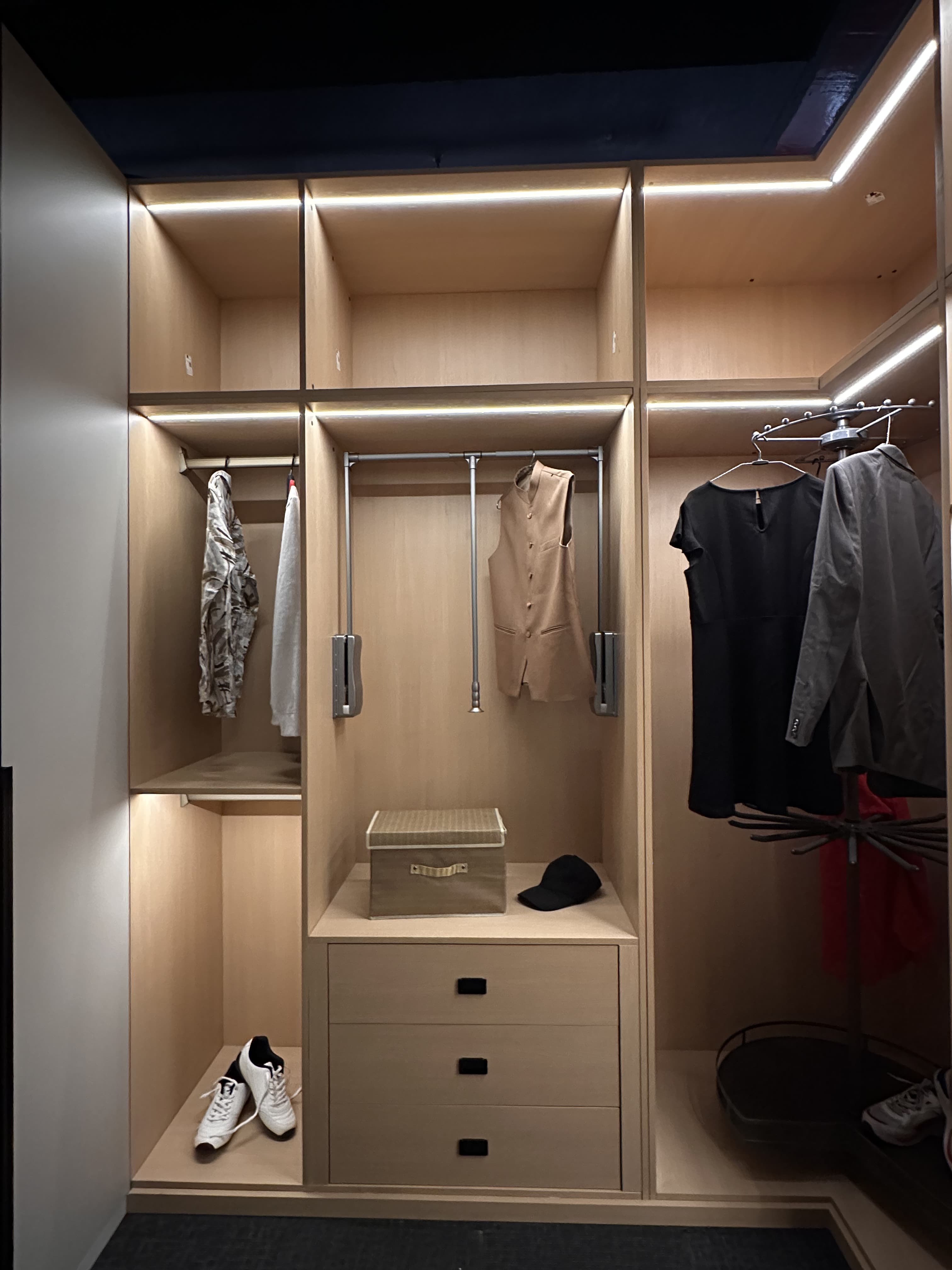 Wardrobe with hanging space and illuminated display shelves