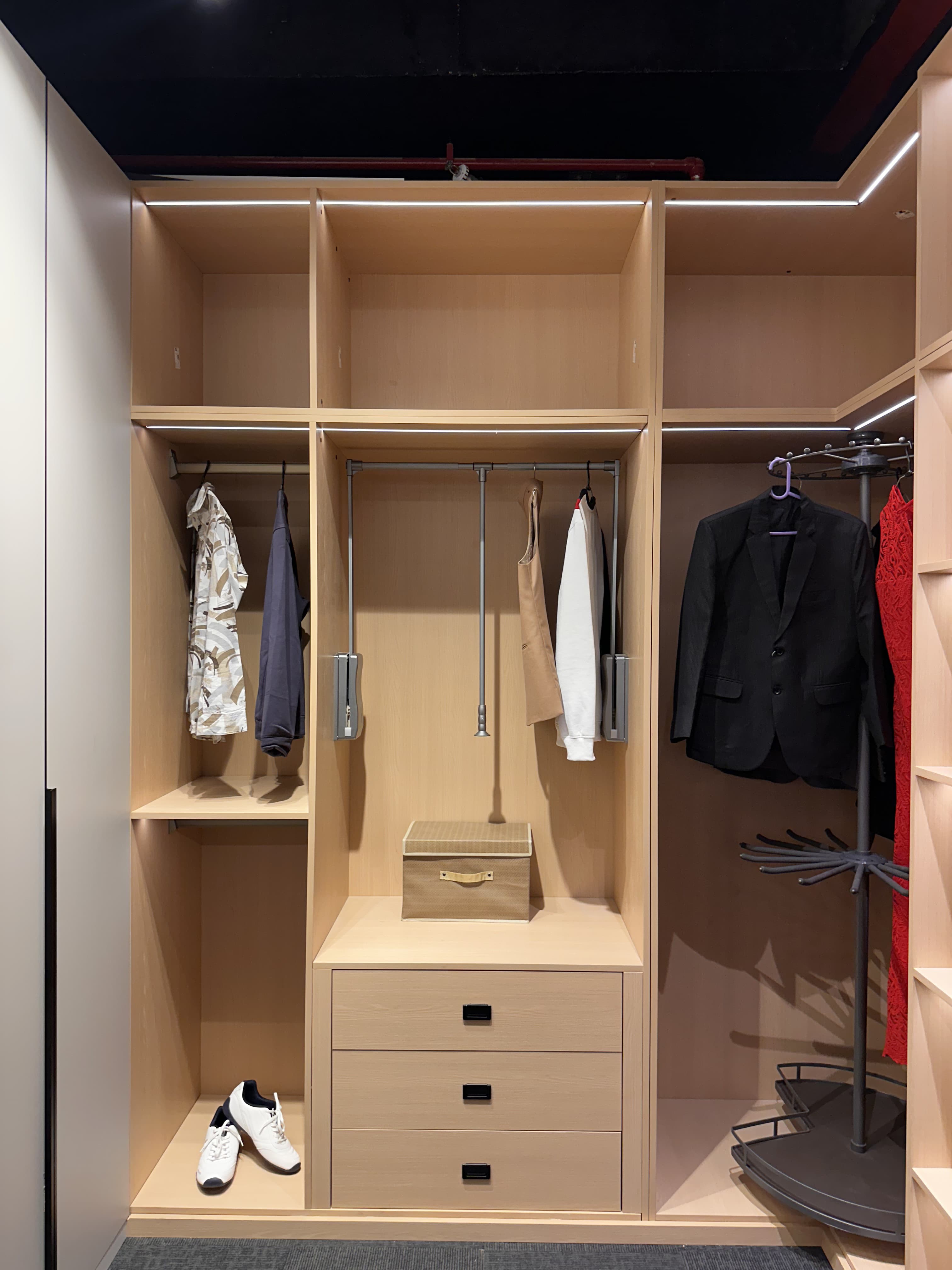 Warm timber wardrobe with open hanging space